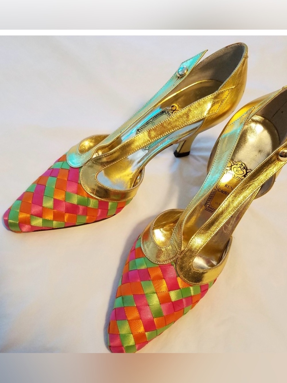 Rene Caovilla Gold Slingback Heels with Pink, Orange and Green Woven Toe